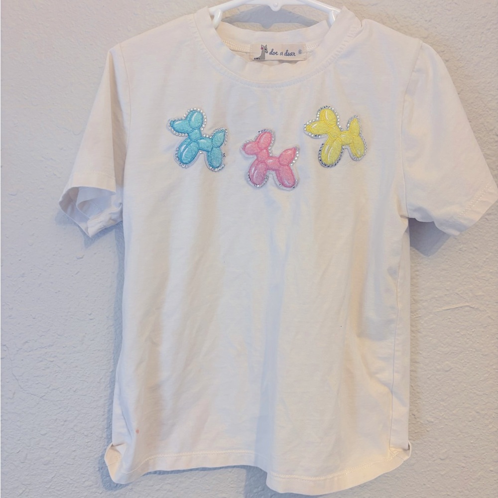 White Short-Sleeve Tee with Pastel Balloon Dog Appliqués
